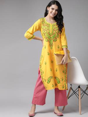 Hand embroidered yellow cotton lucknowi chikankari straight kurta 4