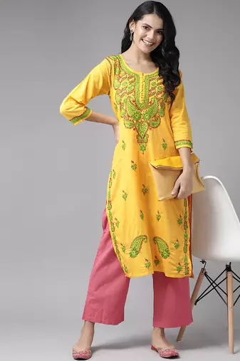 Hand embroidered yellow cotton lucknowi chikankari straight kurta
