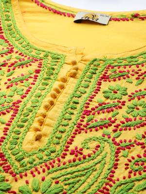 Hand embroidered yellow cotton lucknowi chikankari straight kurta 5