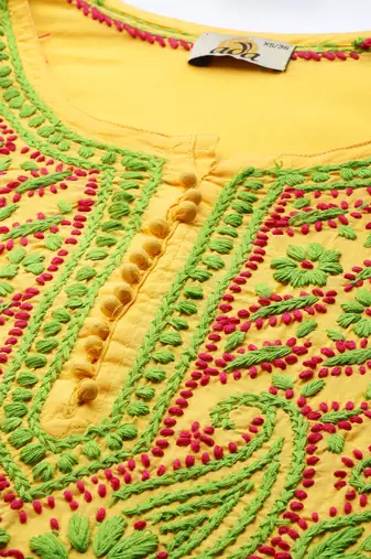 Hand embroidered yellow cotton lucknowi chikankari straight kurta