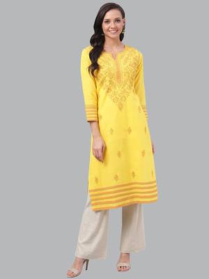 Hand embroidered yellow cotton lucknowi chikankari straight kurta 1