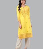 Hand embroidered yellow cotton lucknowi chikankari straight kurta