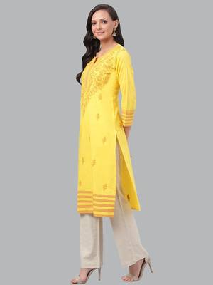 Hand embroidered yellow cotton lucknowi chikankari straight kurta 2