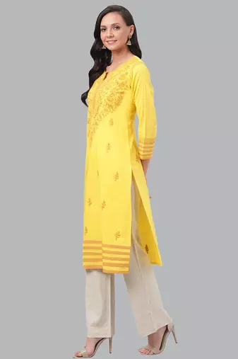 Hand embroidered yellow cotton lucknowi chikankari straight kurta
