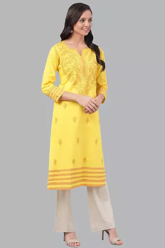 Hand embroidered yellow cotton lucknowi chikankari straight kurta