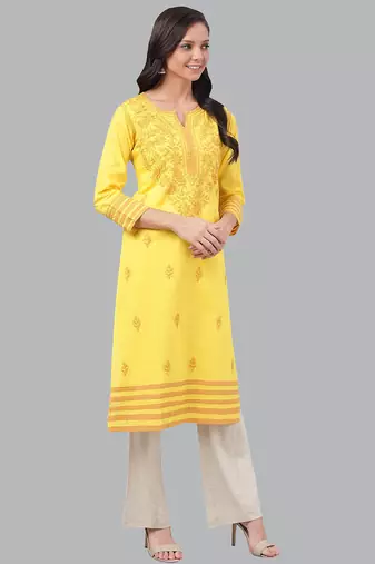 Hand embroidered yellow cotton lucknowi chikankari straight kurta