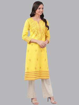 Hand embroidered yellow cotton lucknowi chikankari straight kurta 5