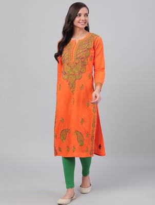 Hand embroidered orange cotton lucknowi chikankari straight kurta 1