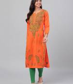 Hand embroidered orange cotton lucknowi chikankari straight kurta