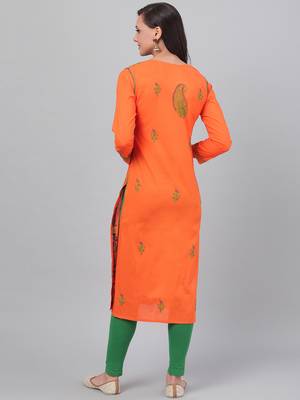 Hand embroidered orange cotton lucknowi chikankari straight kurta 2