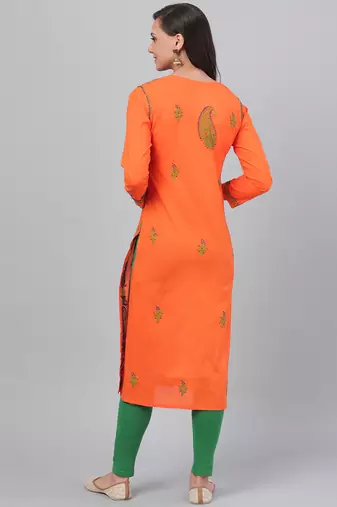 Hand embroidered orange cotton lucknowi chikankari straight kurta