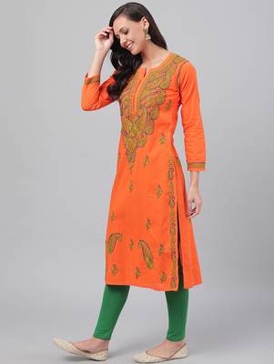 Hand embroidered orange cotton lucknowi chikankari straight kurta 3