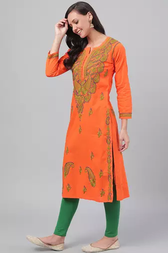 Hand embroidered orange cotton lucknowi chikankari straight kurta