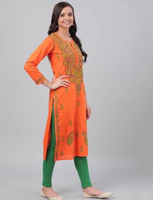 Hand embroidered orange cotton lucknowi chikankari straight kurta 4