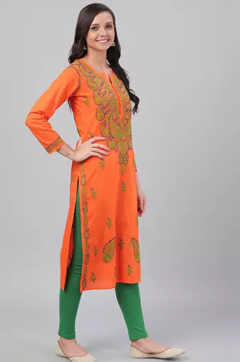 Hand embroidered orange cotton lucknowi chikankari straight kurta