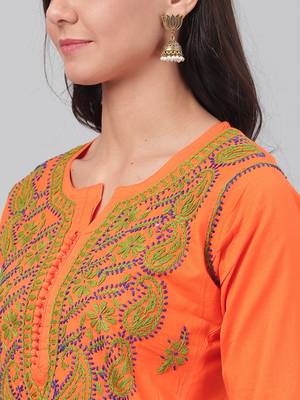 Hand embroidered orange cotton lucknowi chikankari straight kurta 5