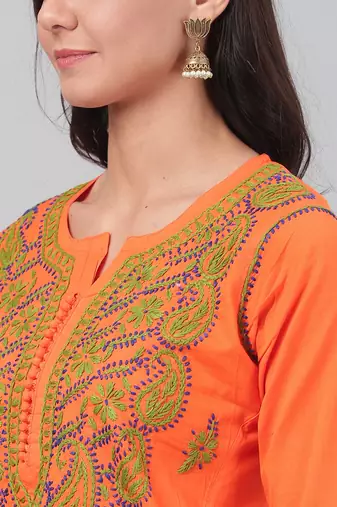 Hand embroidered orange cotton lucknowi chikankari straight kurta