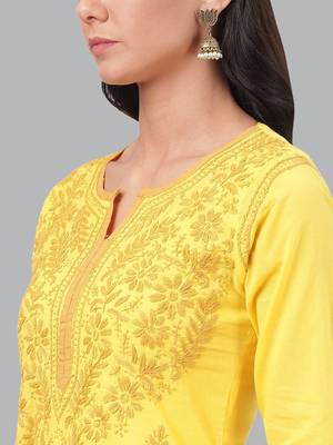 Hand embroidered yellow cotton lucknowi chikankari straight kurta 6