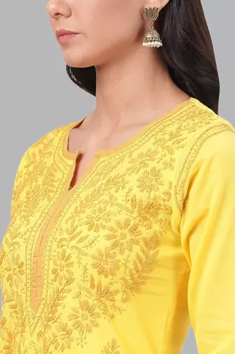 Hand embroidered yellow cotton lucknowi chikankari straight kurta