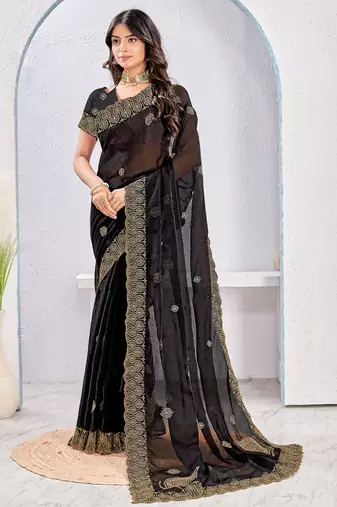 Black Two Tone Silk Zari embroidered Saree With Blouse