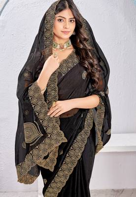Black Two Tone Silk Zari embroidered Saree With Blouse 5