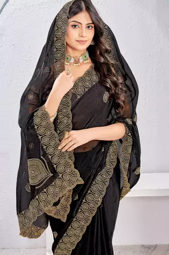 Black Two Tone Silk Zari embroidered Saree With Blouse