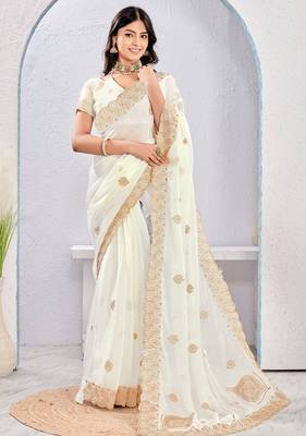 White Two Tone Silk Zari embroidered Saree With Blouse 1