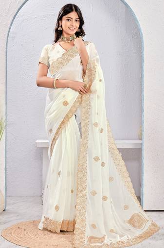White Two Tone Silk Zari embroidered Saree With Blouse