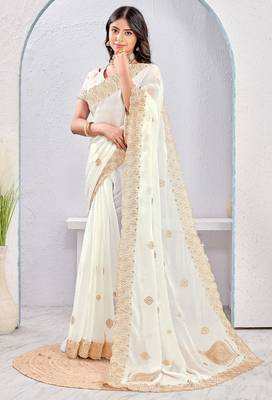White Two Tone Silk Zari embroidered Saree With Blouse 2