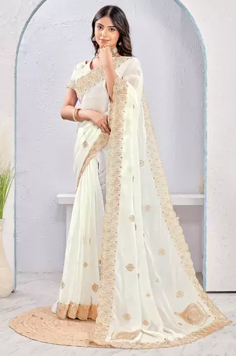 White Two Tone Silk Zari embroidered Saree With Blouse