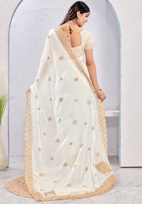 White Two Tone Silk Zari embroidered Saree With Blouse 3