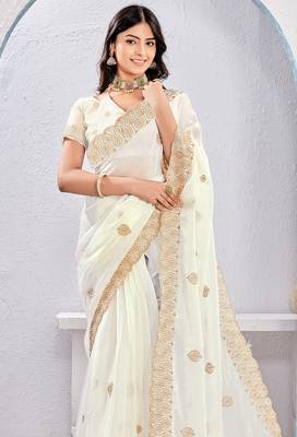 White Two Tone Silk Zari embroidered Saree With Blouse 5