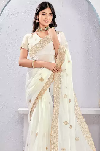 White Two Tone Silk Zari embroidered Saree With Blouse