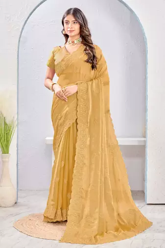 Beige Two Tone Silk Zari embroidered Saree With Blouse