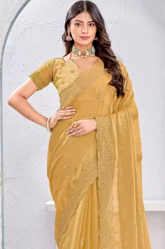Beige Two Tone Silk Zari embroidered Saree With Blouse