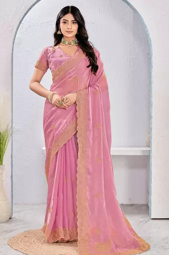 Pink Two Tone Silk Zari embroidered Saree With Blouse
