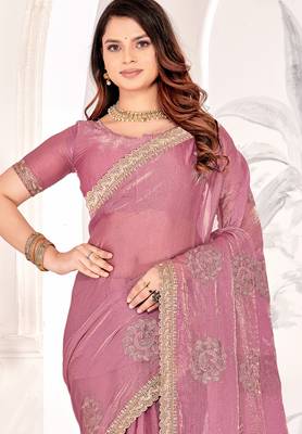Pink Sequin Resham Stone Embroidered Two Tone Silk Saree With Blouse 3