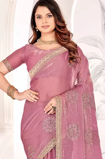 Pink Sequin Resham Stone Embroidered Two Tone Silk Saree With Blouse