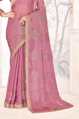 Pink Sequin Resham Stone Embroidered Two Tone Silk Saree With Blouse 4