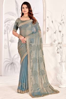 Grey Sequin Resham Stone Embroidered Two Tone Silk Saree With Blouse 1