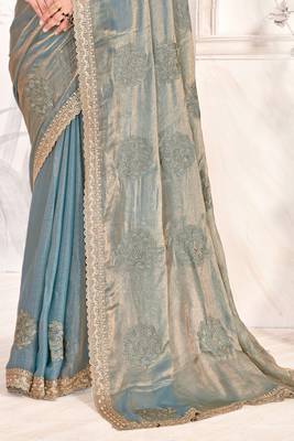 Grey Sequin Resham Stone Embroidered Two Tone Silk Saree With Blouse 4