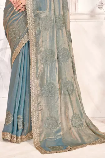 Grey Sequin Resham Stone Embroidered Two Tone Silk Saree With Blouse