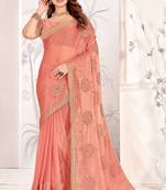 Peach Sequin Resham Stone Embroidered Two Tone Silk Saree With Blouse