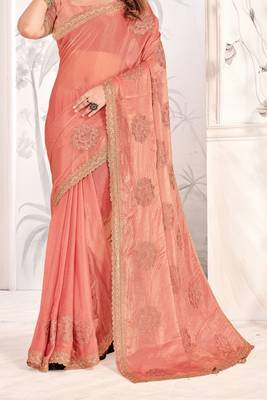 Peach Sequin Resham Stone Embroidered Two Tone Silk Saree With Blouse 4
