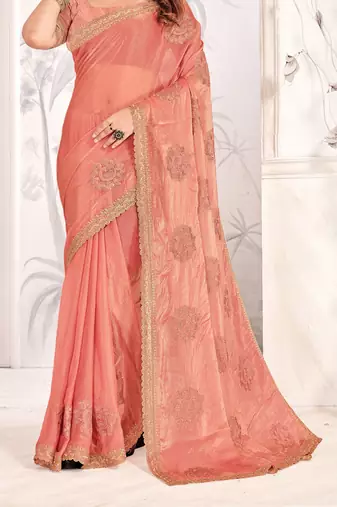 Peach Sequin Resham Stone Embroidered Two Tone Silk Saree With Blouse