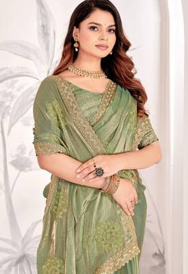 Green Sequin Resham Stone Embroidered Two Tone Silk Saree With Blouse 2
