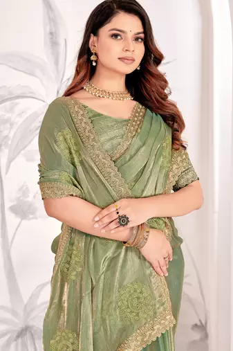 Green Sequin Resham Stone Embroidered Two Tone Silk Saree With Blouse