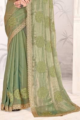 Green Sequin Resham Stone Embroidered Two Tone Silk Saree With Blouse 4