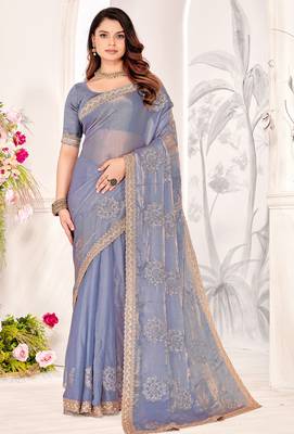 Lavender Sequin Resham Stone Embroidered Two Tone Silk Saree With Blouse 1