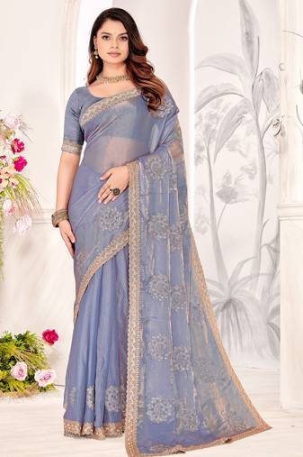 Lavender Sequin Resham Stone Embroidered Two Tone Silk Saree With Blouse